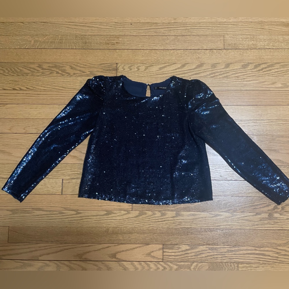 ZARA Blue sequin embellished long sleeve evening top party going out blouse - Picture 4 of 13